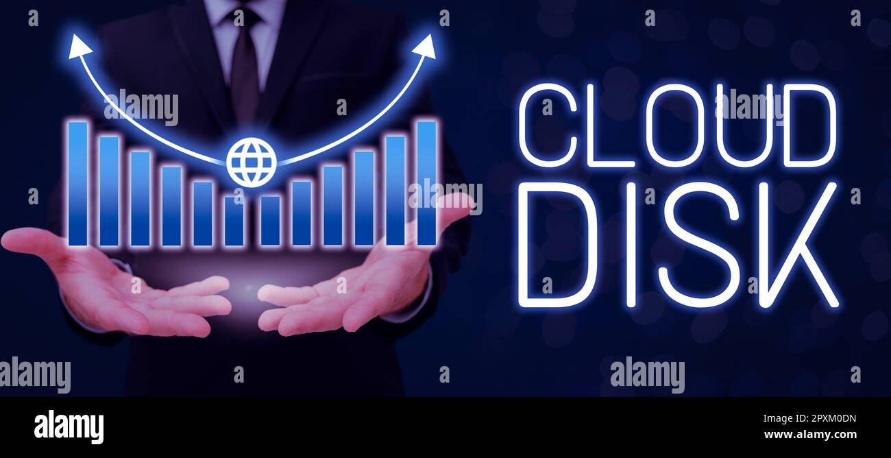 Hand writing sign Cloud Disk, Word for web base service that provides storage space on a remote server Stock Photo