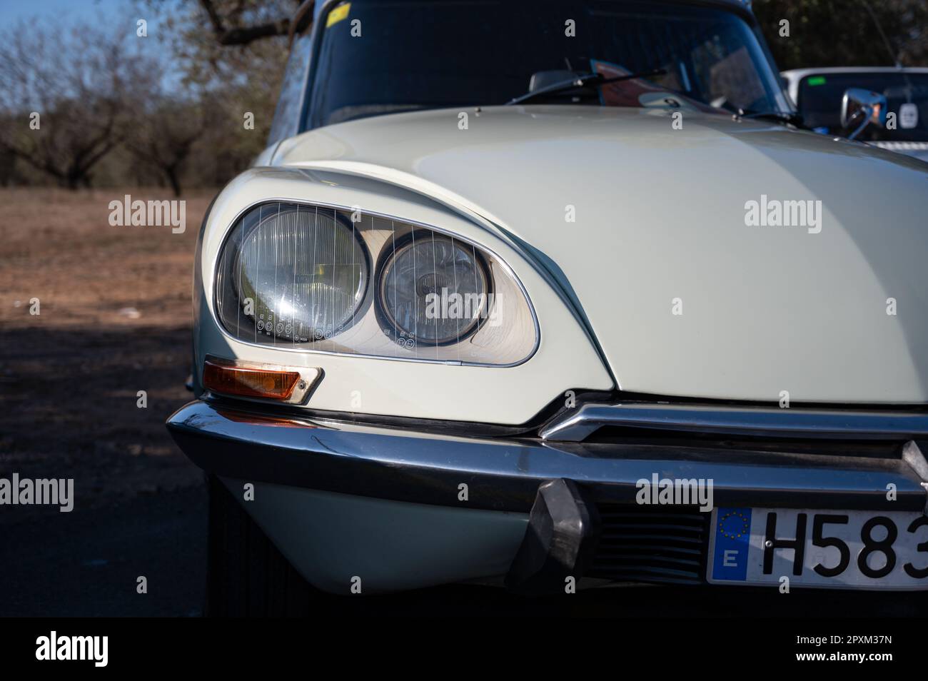 Detail of a beautiful French classic, the Citroen DS D super in white. Front headlight detail Stock Photo