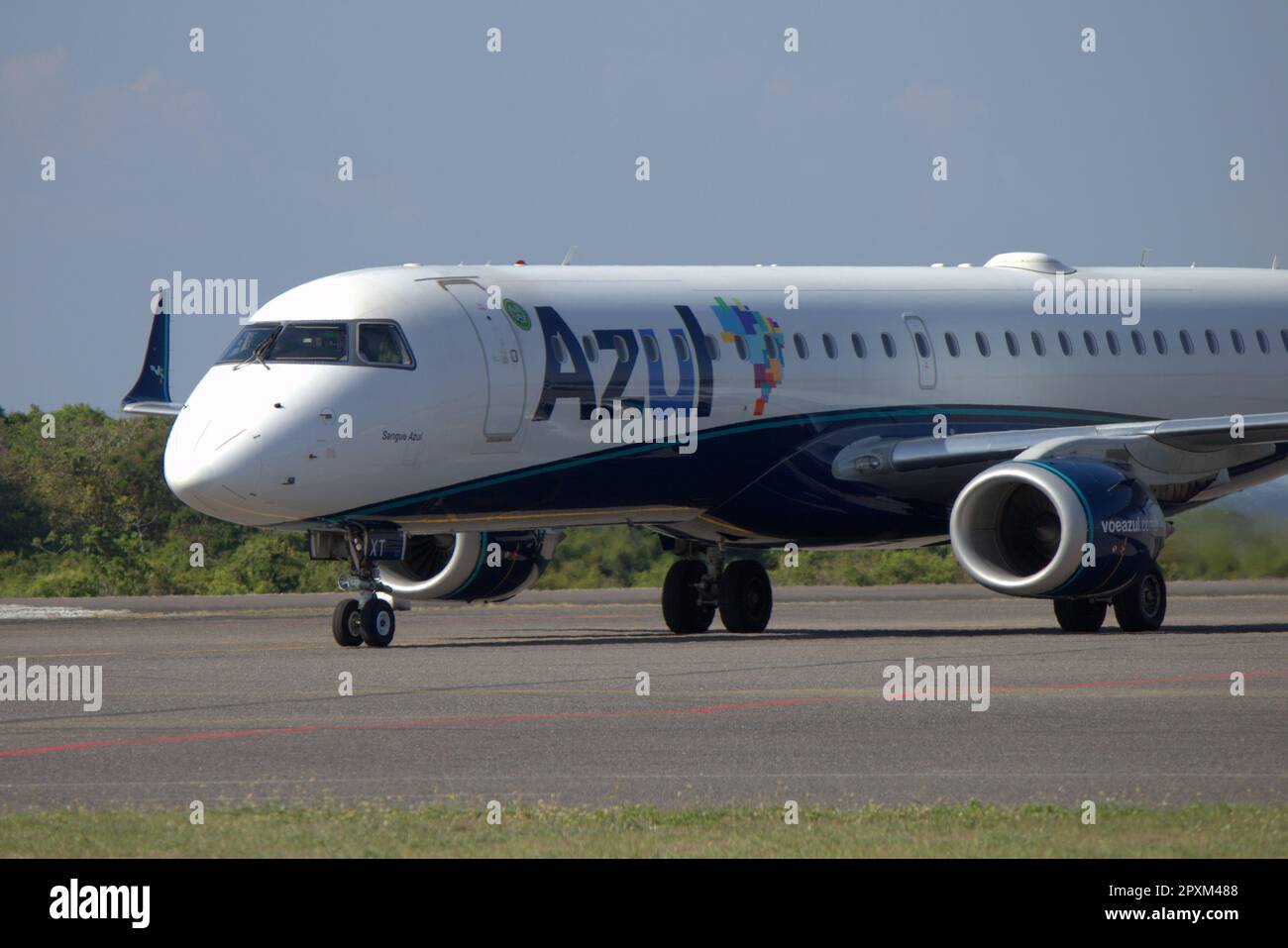Embraer ERJ-195AR aircraft of the brazilian company Azul Airlines at Santarem Airport. Stock Photo