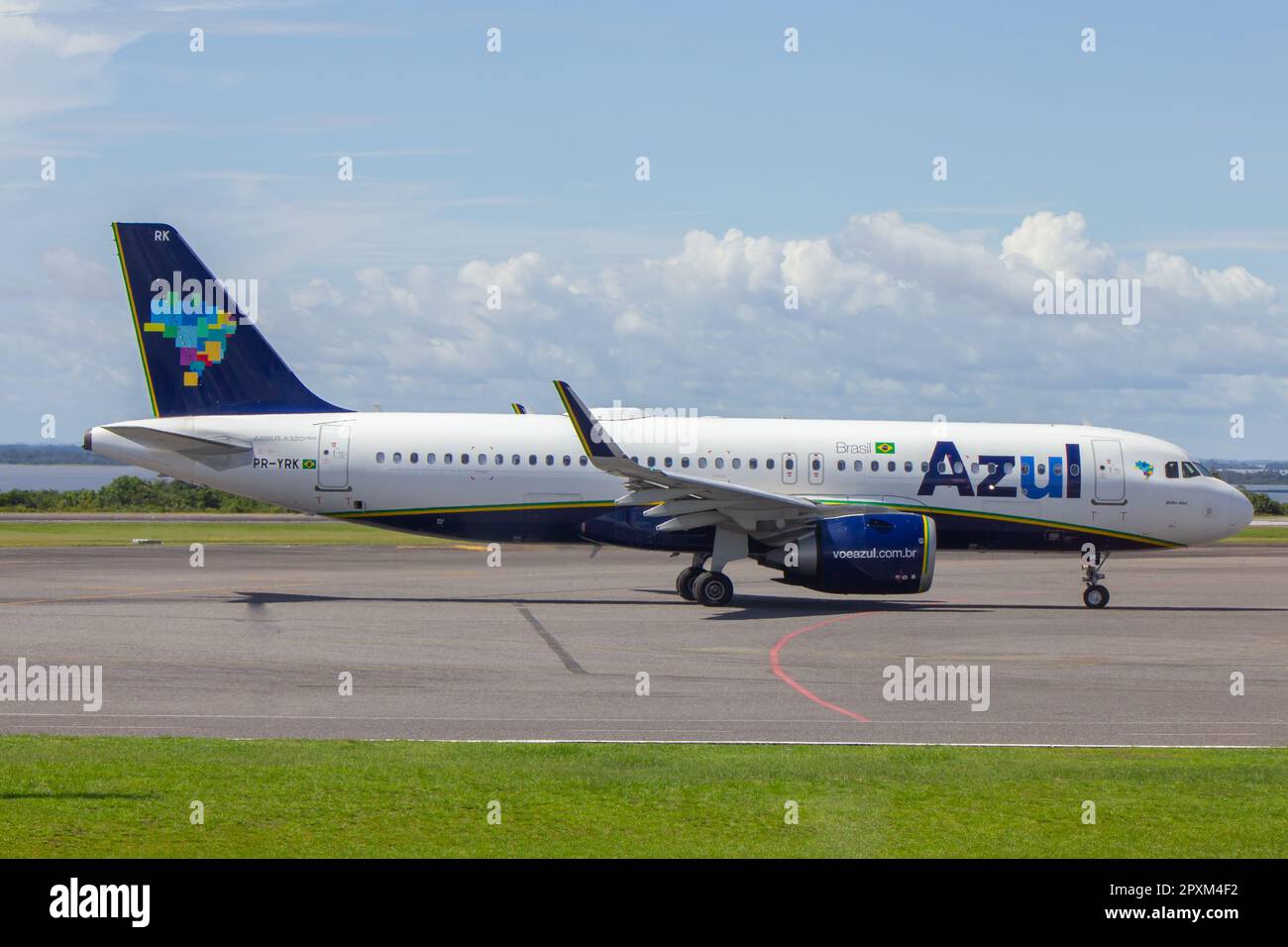 Airbus A320 Neo - PR-YRK - from Azul Brazilian Airlines taxiing along the runways at Santarem Airport after landing. Stock Photo