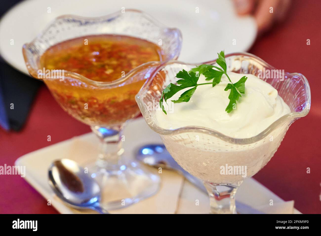 Vinaigrette sauces in the background and mayonnaise in the foreground with some parsley leaves for decoration Stock Photo