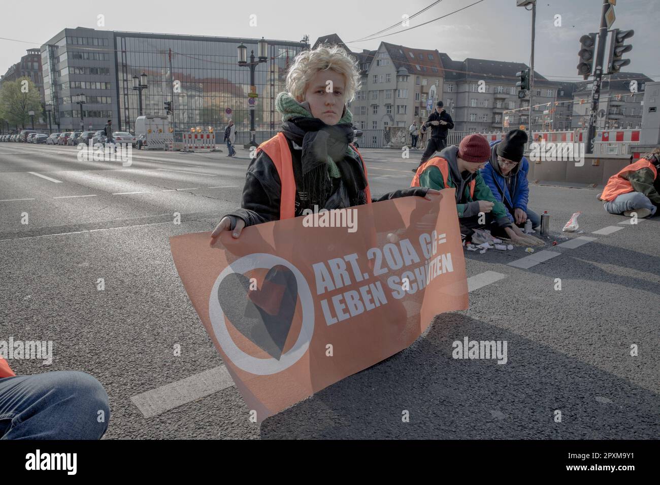 Berlin, Germany. May 2, 2023, Berlin, Germany: On Tuesday morning, May 2, 2023, the climate activist group 'Last Generation' once again blocked several streets in Berlin. The actions led to significant disruptions and traffic jams throughout the city. Several major roads and intersections were affected. The roadblocks have sparked controversy and anger from members of the public who view them as a disruption to daily life and a violation of their rights to free movement. Credit: ZUMA Press, Inc./Alamy Live News Stock Photo