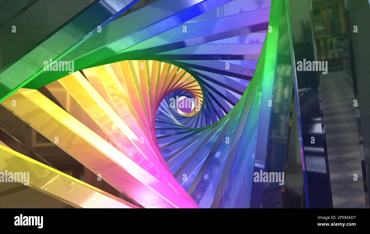Conceptual illustration artwork. Organic tunnel, 3d abstract tunnel. Glowing neon ring light in tunnel. Multicolor shining triangular tunnel backgroun Stock Photo