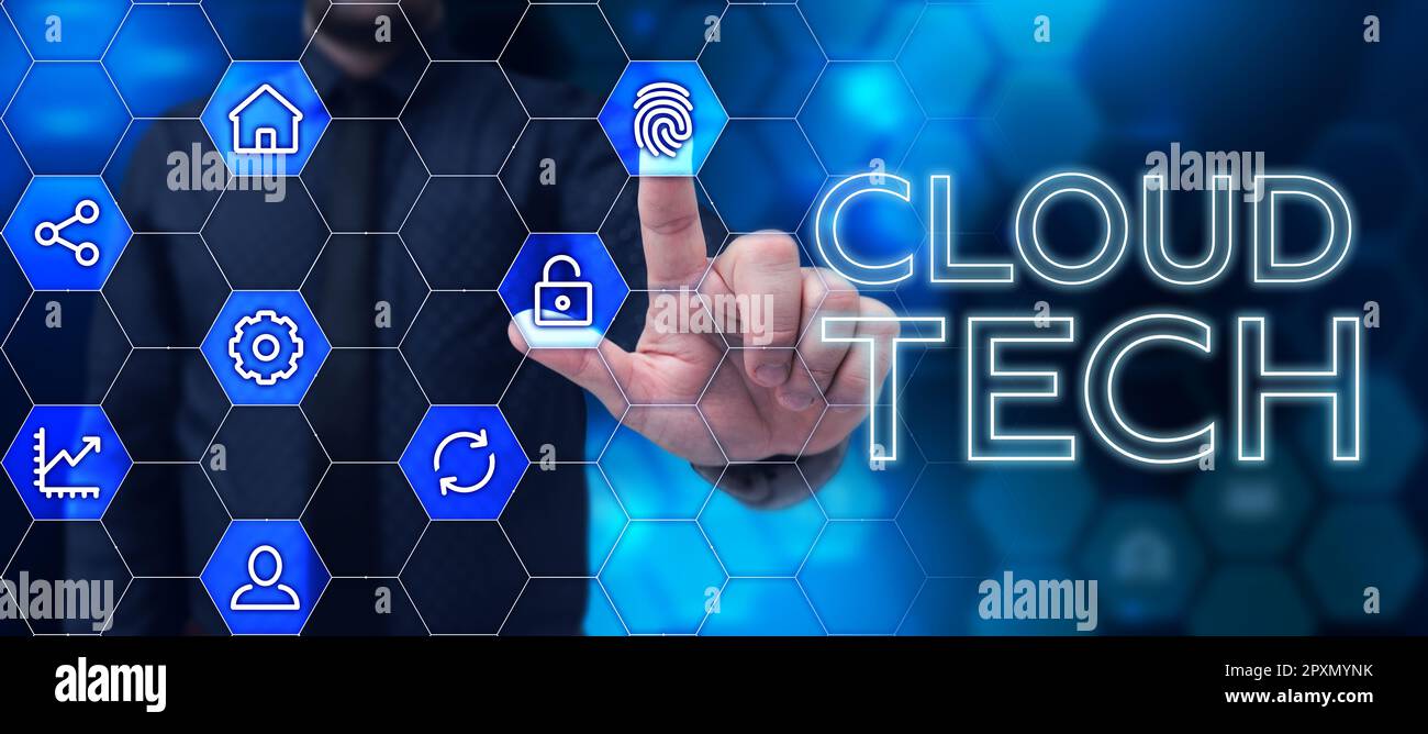 Hand writing sign Cloud Tech, Word for storing and accessing data and programs over the Internet Stock Photo