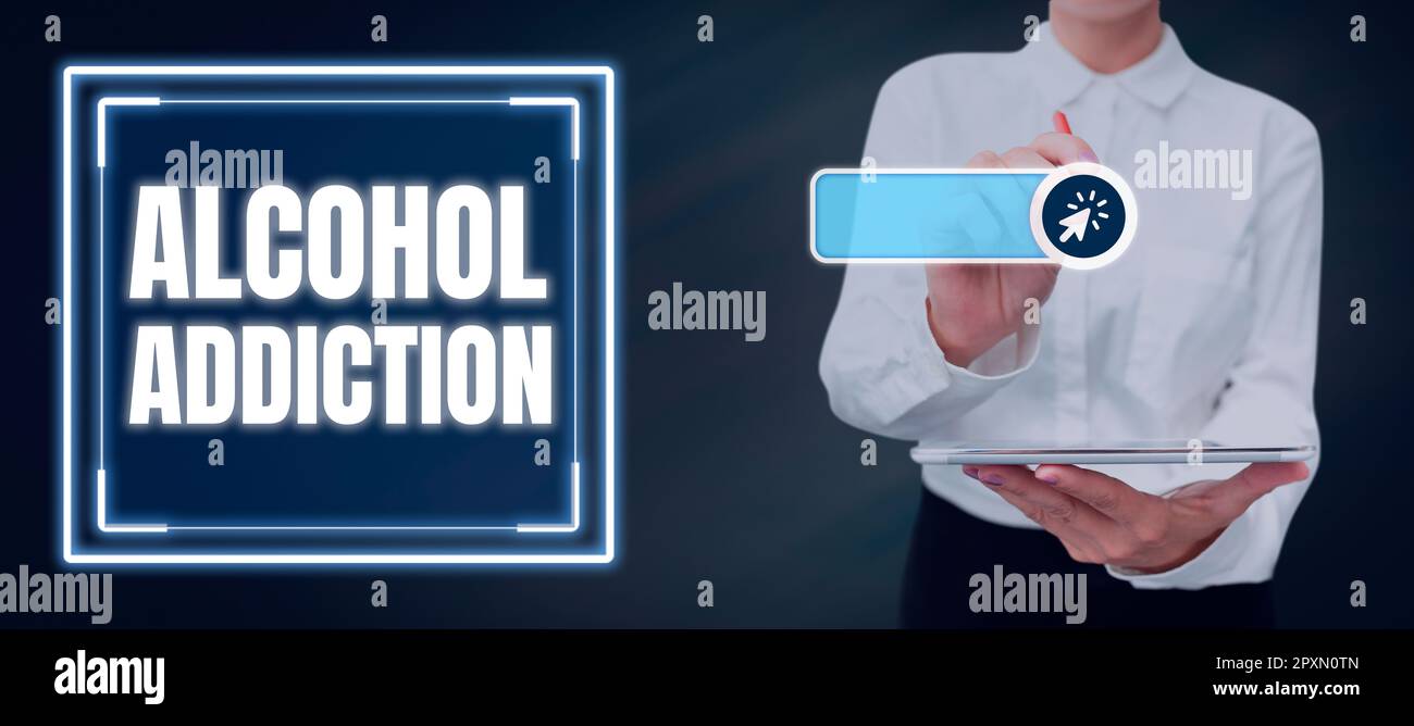 Handwriting text Alcohol Addiction, Conceptual photo characterized by frequent and excessive consumption of alcoholic beverages Stock Photo