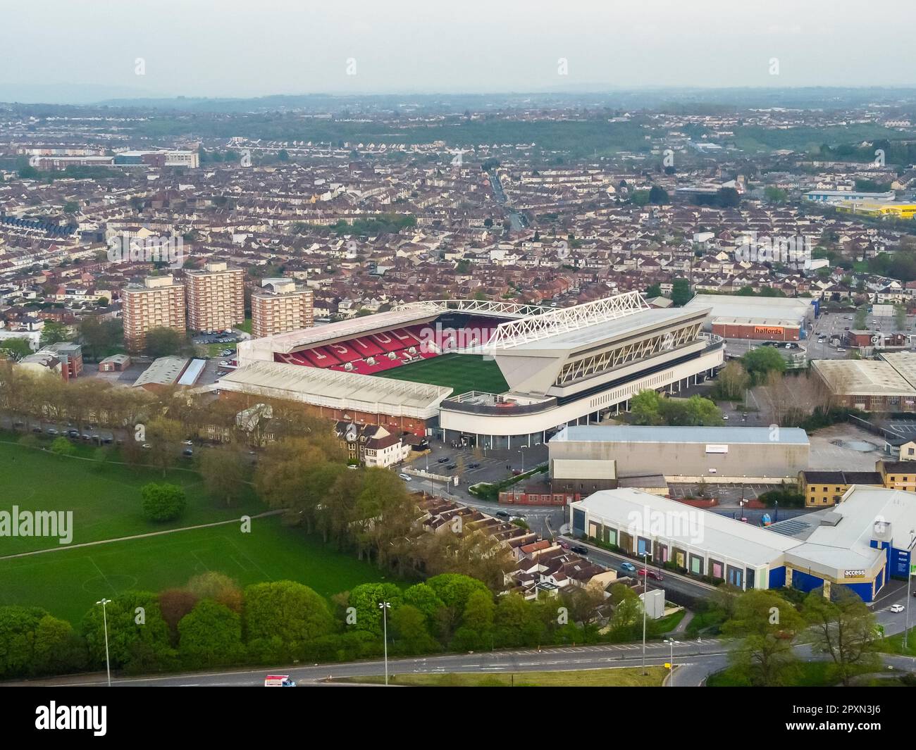 General view from the air of Ashton Gate Stadium at Bristol, UK, home