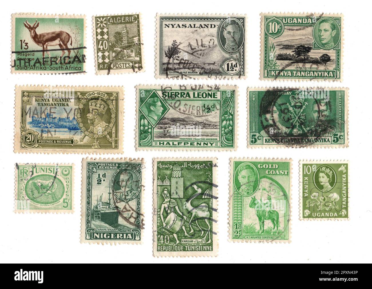 Green vintage postage stamps from Africa isolated on a white background. Stock Photo