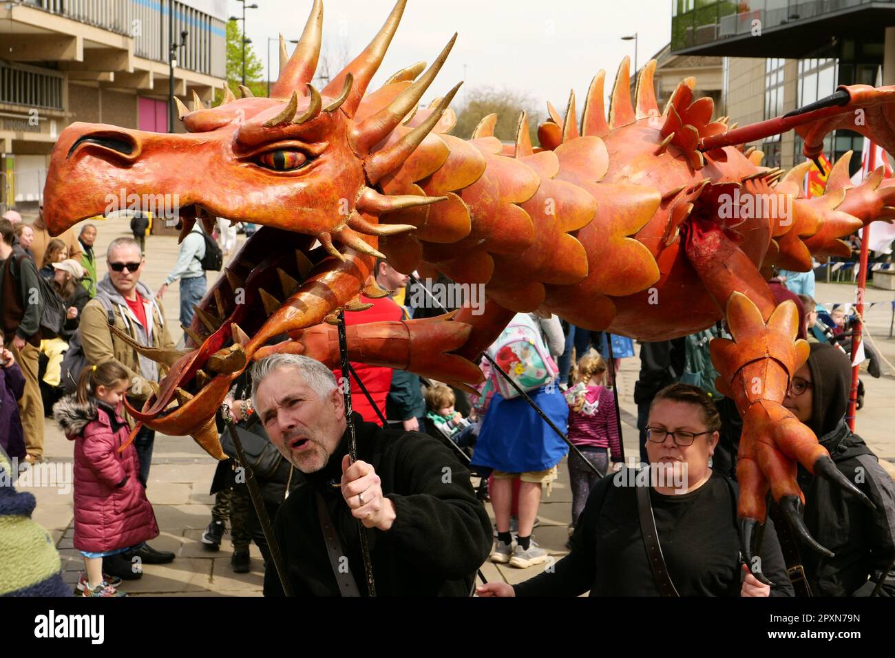 Saint George's Day Celebrations Derby 2023. A 10 foot tall dragon in the Market Square in Derby City Centre on a Saturday afternoon. Stock Photo