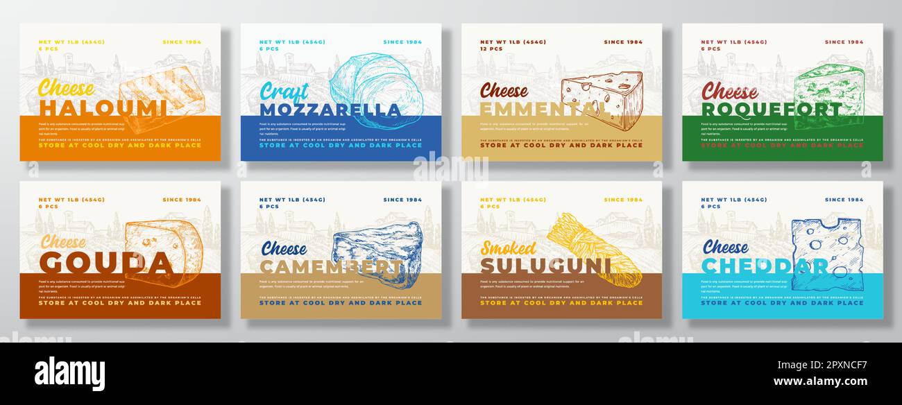 Cheese Dairy Food Label Templates Set. Abstract Vector Packaging Design Layouts Bundle. Modern Typography Banners with Hand Drawn Cheese Pieces Stock Vector
