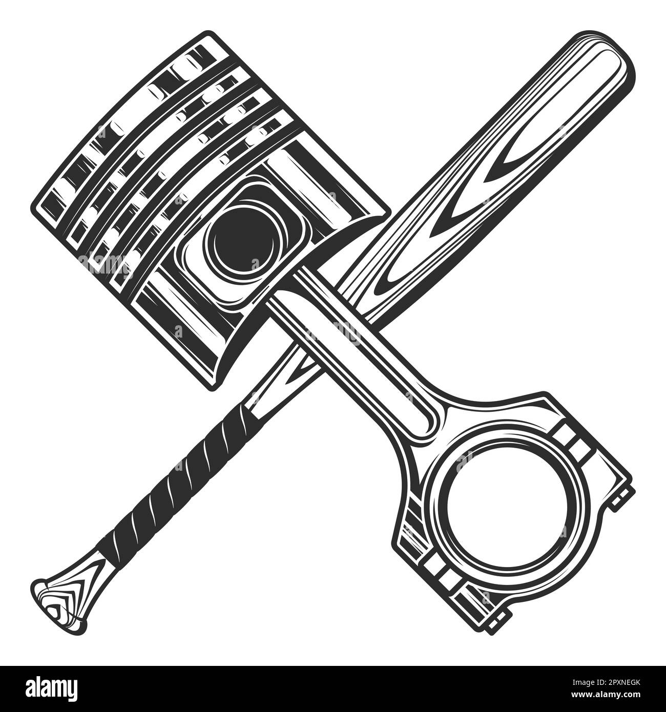 Engine piston and baseball bat on white background isolated monochrome illustration Stock Vector