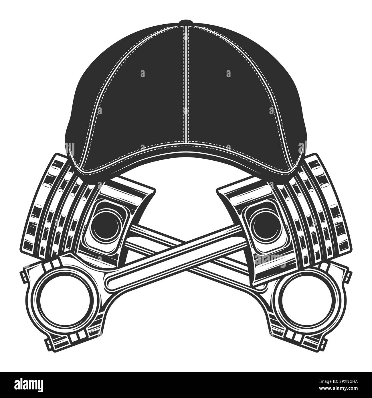 Engine piston and gatsby flat cap on white background isolated