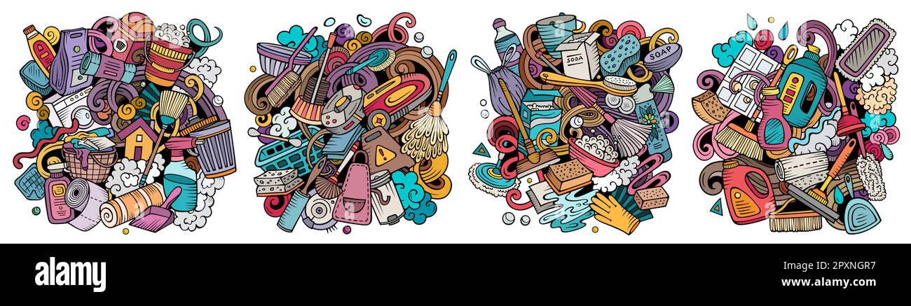 Cleaning cartoon vector doodle designs set. Stock Vector