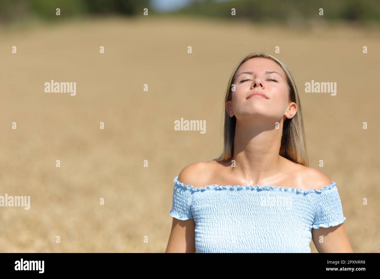 Front view portrait of a woman breathing fresh air in a golden field ...
