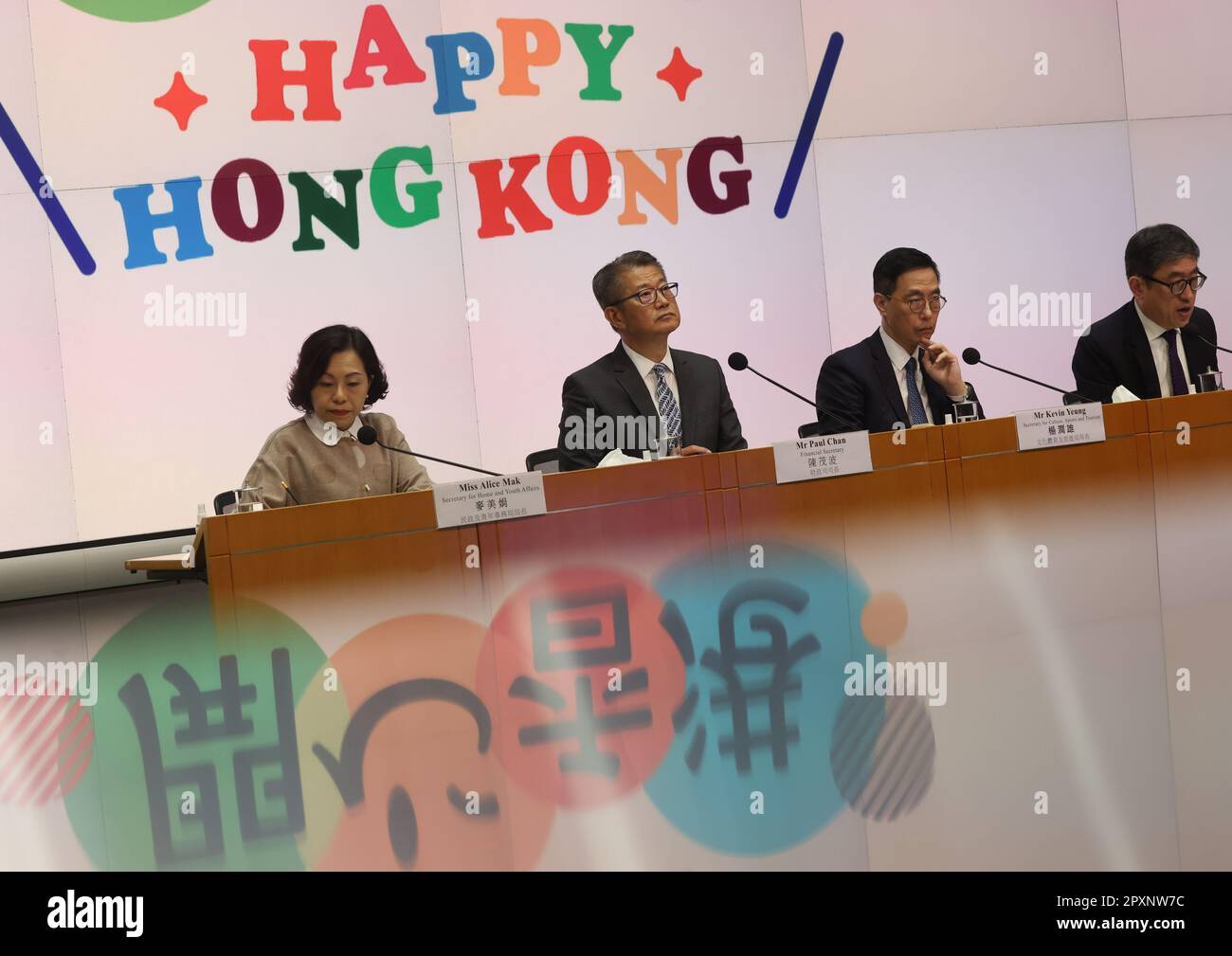 (L to R) Secretary for Home and Youth Affairs, Alice Mak Mei-kuen; Financial Secretary, Paul Chan Mo-po; Secretary for Culture, Sports and Tourism, Kevin Yeung Yun-hung; and Executive Director of the Hong Kong Tourism Board, Dane Cheng, hold a press conference on the 'Happy Hong Kong' Campaign at the Central Government Offices (CGO), Tamar.     24APR23.   SCMP / May Tse Stock Photo