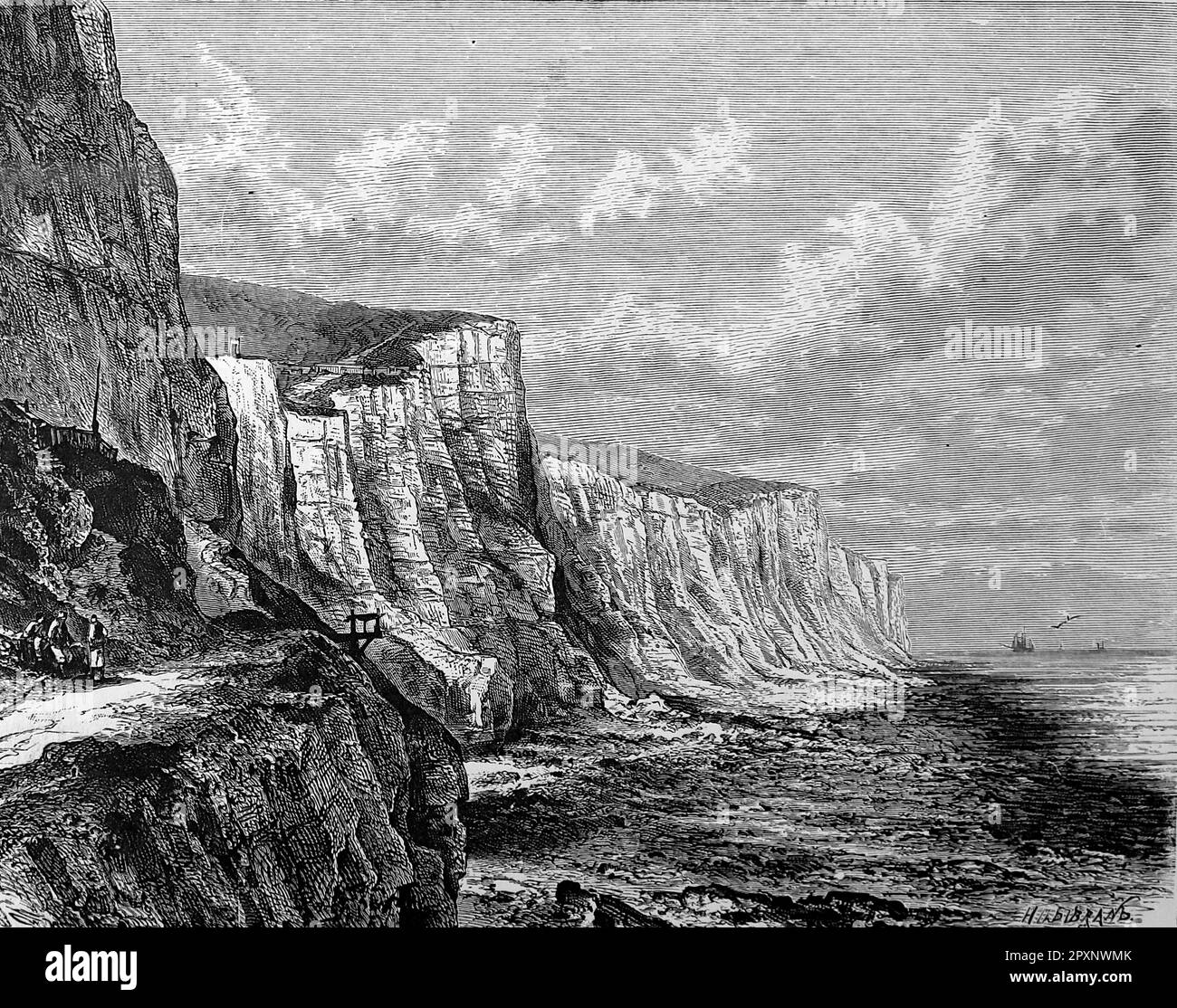 Cliffs of Dover. A view from the sea of the white cliffs overlooked by