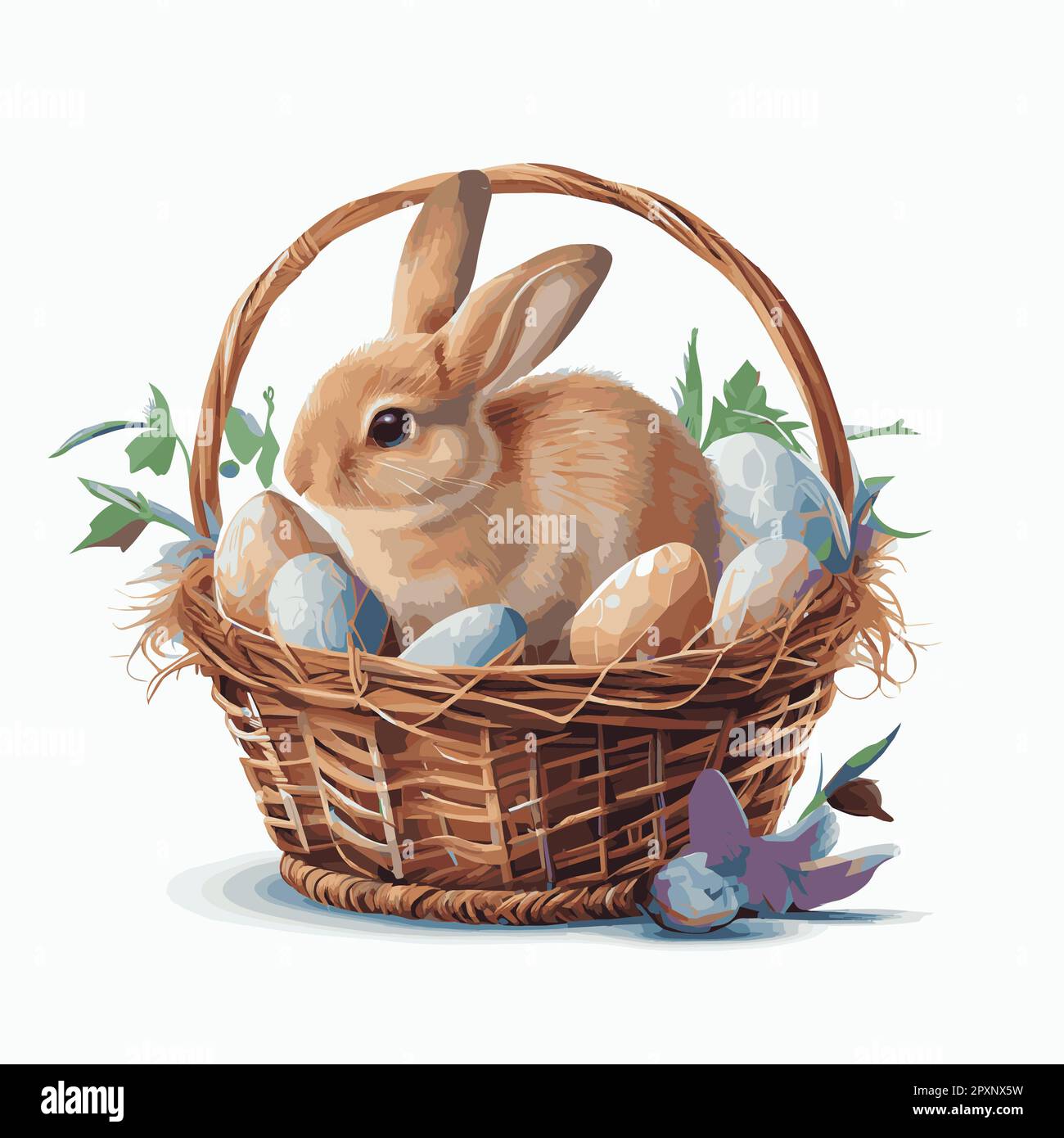Festive basket with cute rabbit and easter orthodox eggs on a light ...