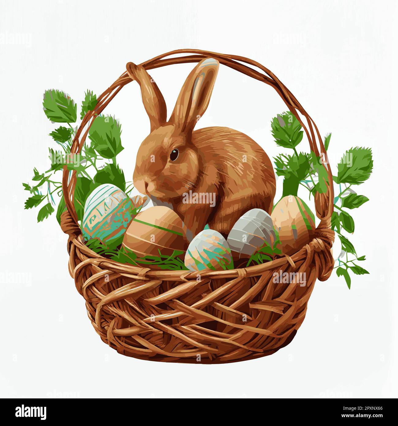Festive basket with cute rabbit and easter orthodox eggs on a light ...