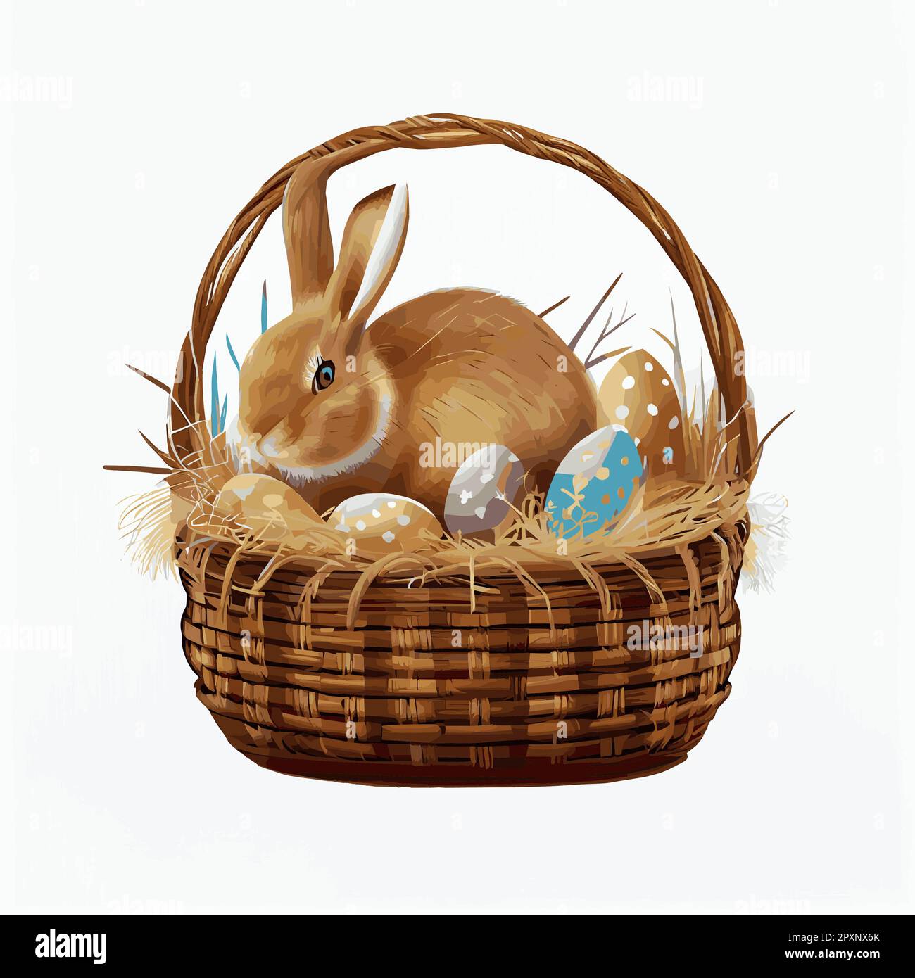 Festive basket with cute rabbit and easter orthodox eggs on a light ...