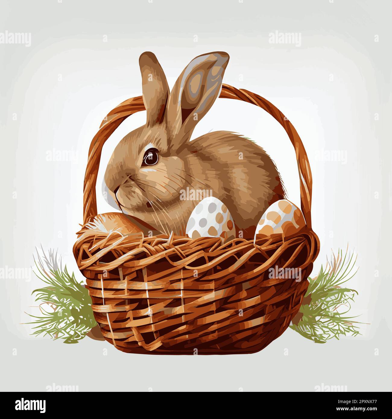 Festive basket with cute rabbit and easter orthodox eggs on a light ...