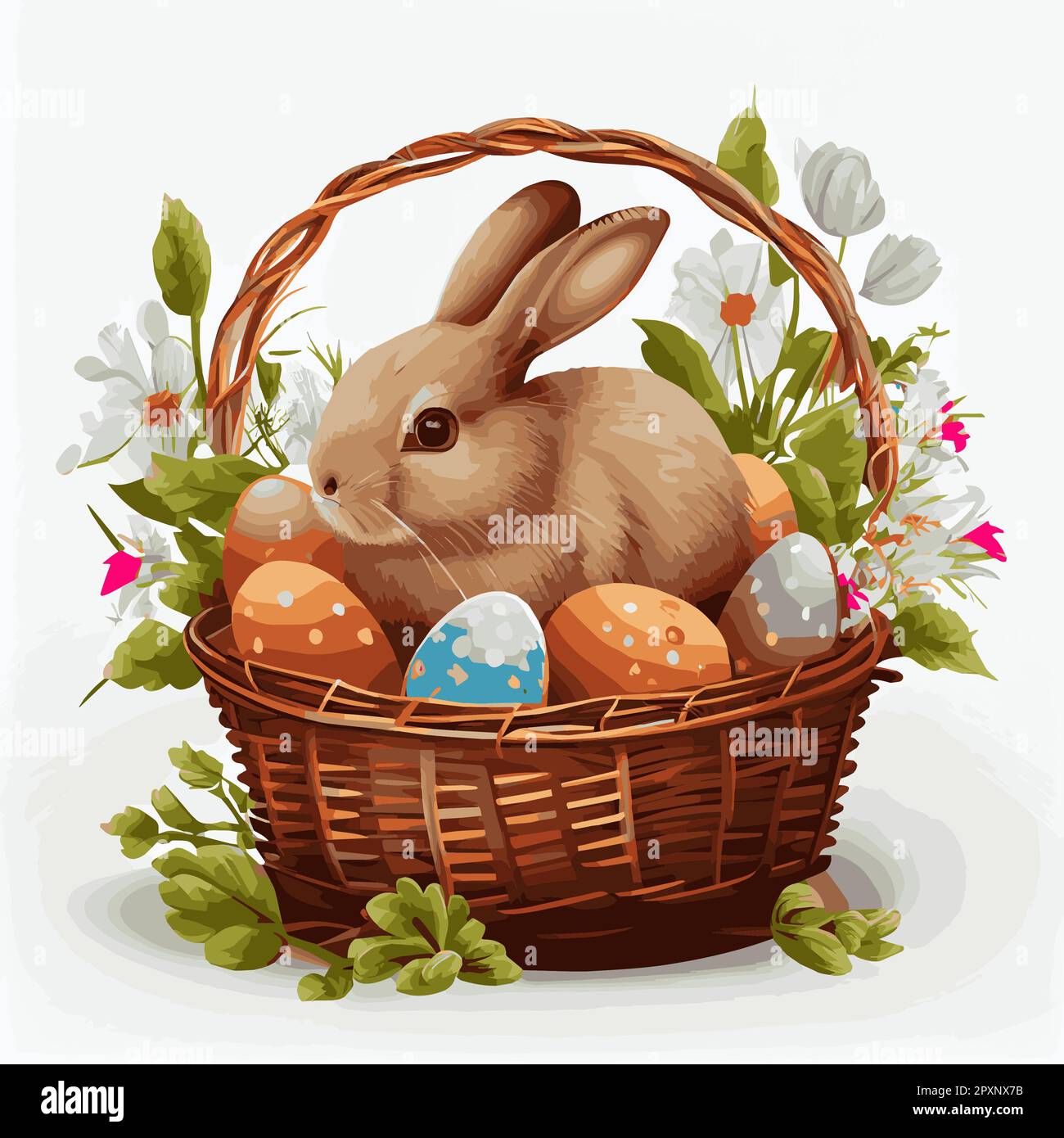 Festive basket with cute rabbit and easter orthodox eggs on a light ...