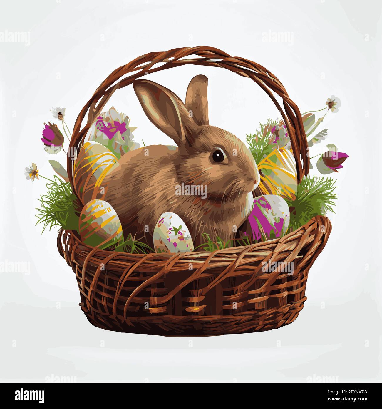 Festive basket with cute rabbit and easter orthodox eggs on a light ...
