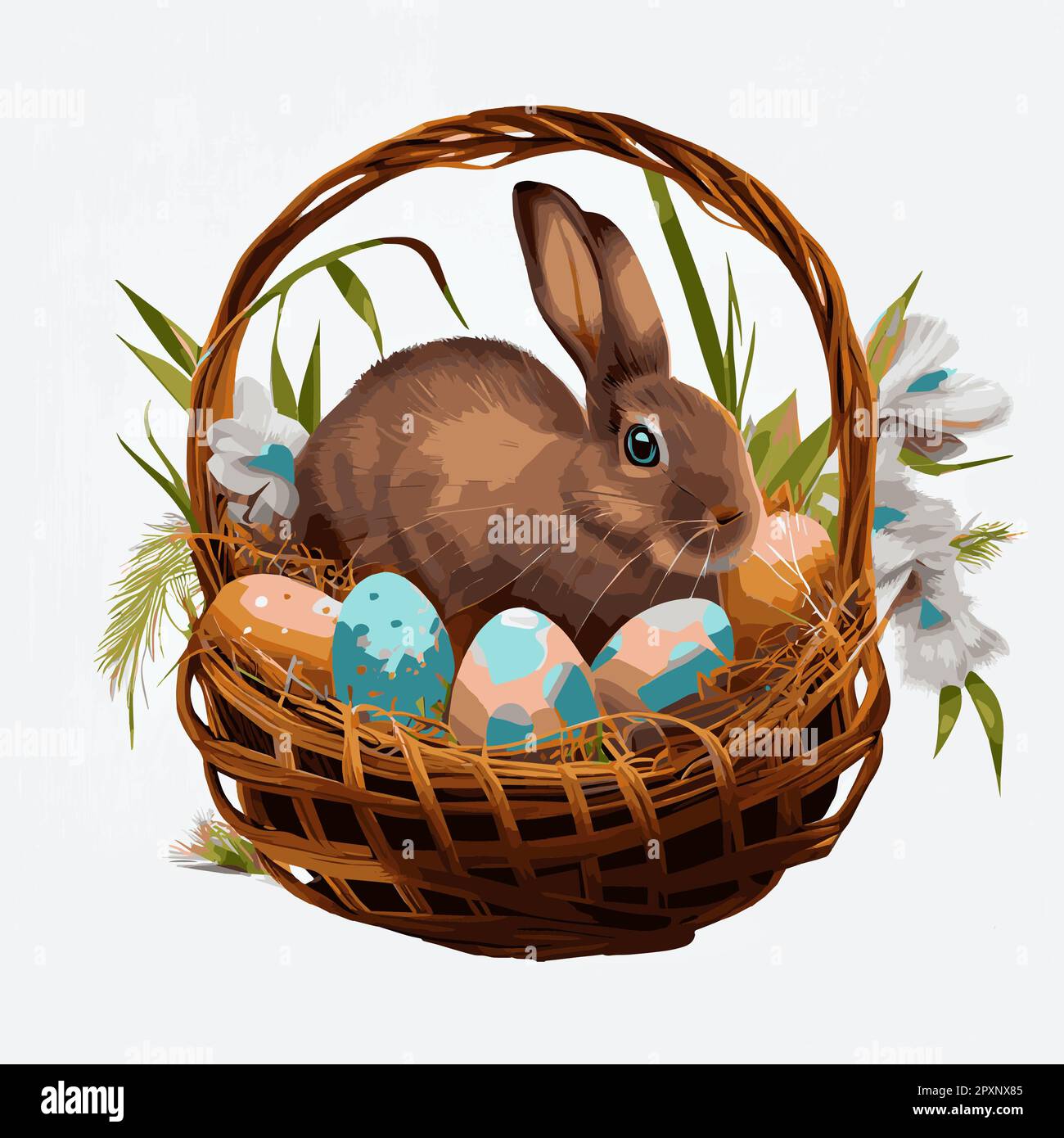 Festive basket with cute rabbit and easter orthodox eggs on a light ...