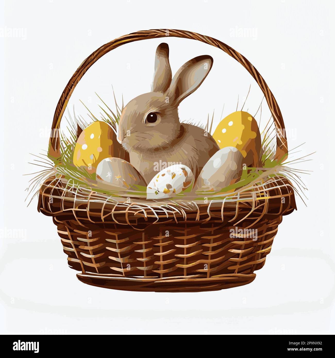 Festive basket with cute rabbit and easter orthodox eggs on a light ...