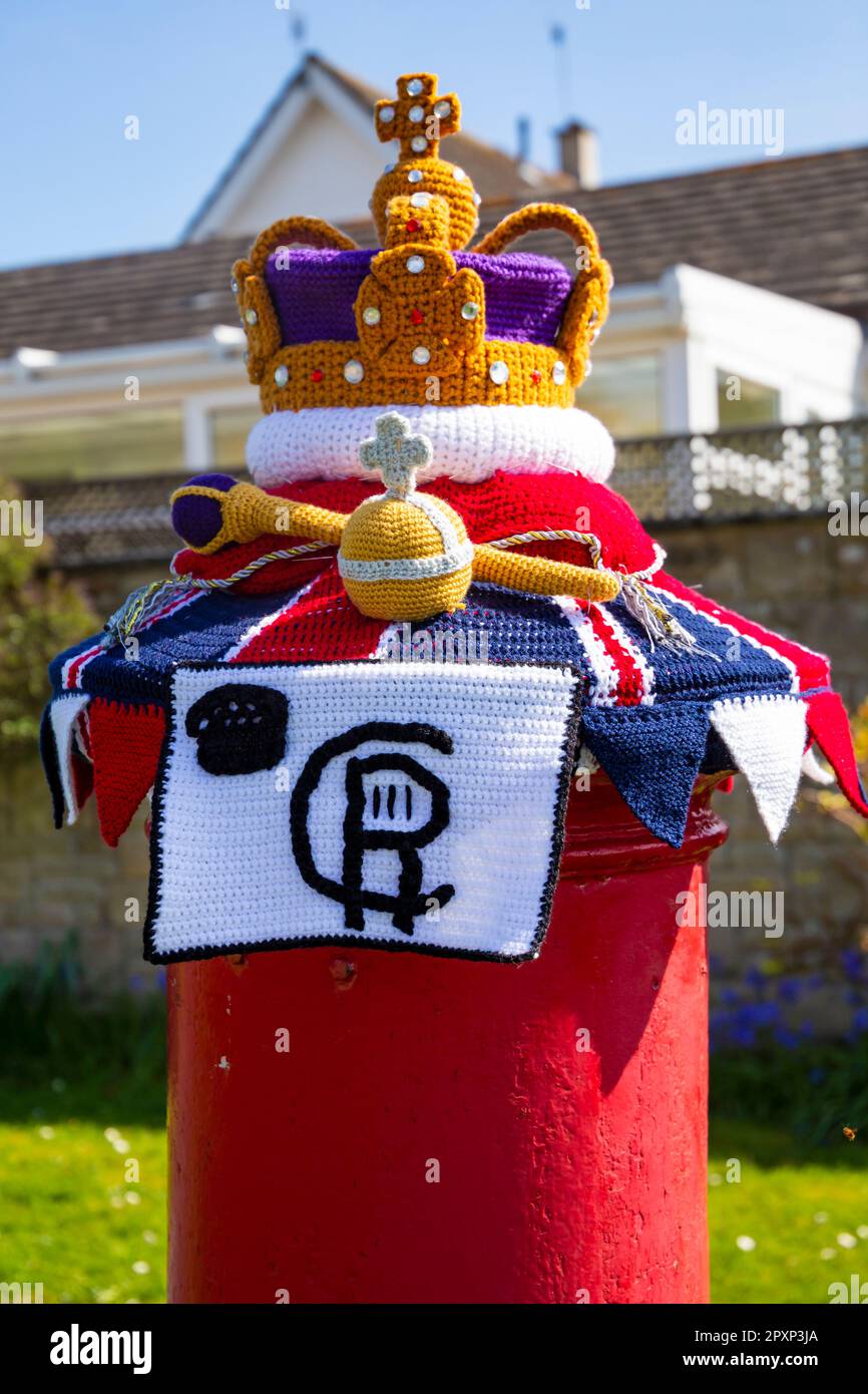 Poole, Dorset, UK. 2nd May 2023. A knitted crocheted postbox topper for