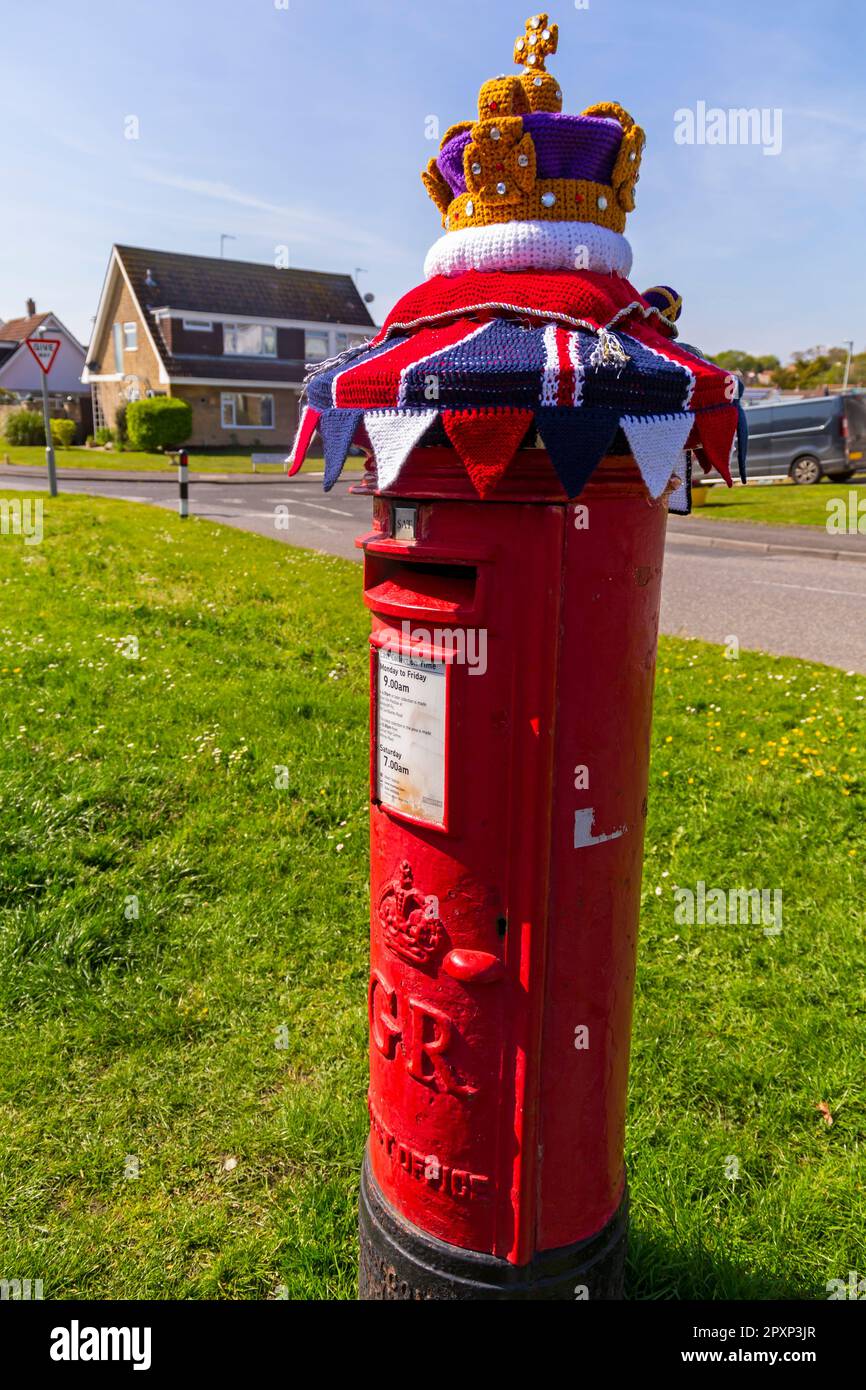 Poole, Dorset, UK. 2nd May 2023. A knitted crocheted postbox topper for