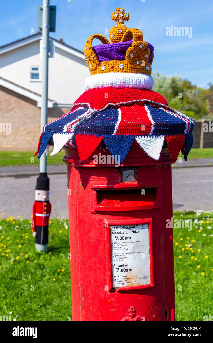 Poole, Dorset, UK. 2nd May 2023. A knitted crocheted postbox topper for