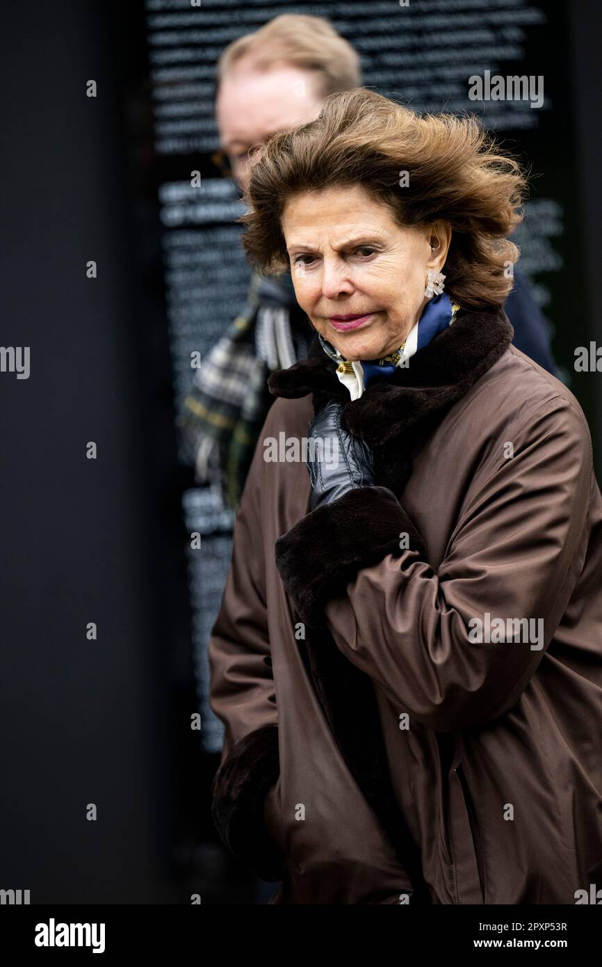 Sweden's King Carl Gustaf and Queen Silvia visit the Memorial of the Victims of Comunism, in Maarjamäe, Tallinn, Estonia, May 2, 2023 guided by Estoni Stock Photo