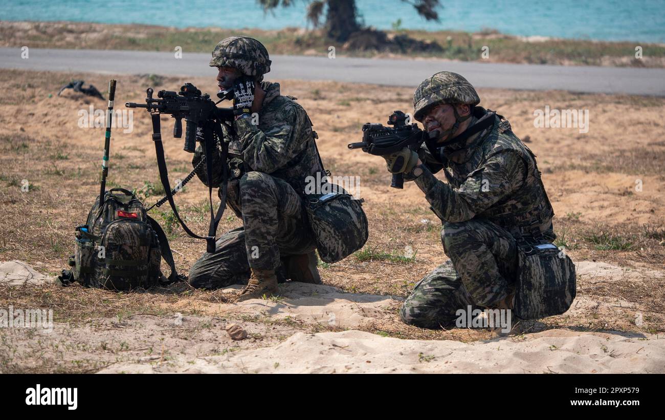 Soldiers from Thailand, South Korea and the United States take part in an amphibious beach assault during the Cobra Gold military exercises. 3,800 U.S Stock Photo