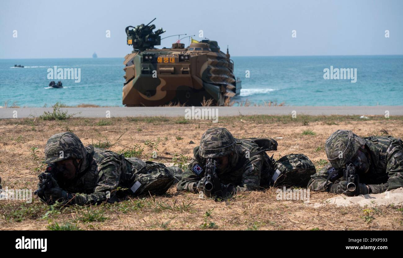 Soldiers from Thailand, South Korea and the United States take part in an amphibious beach assault during the Cobra Gold military exercises. 3,800 U.S Stock Photo