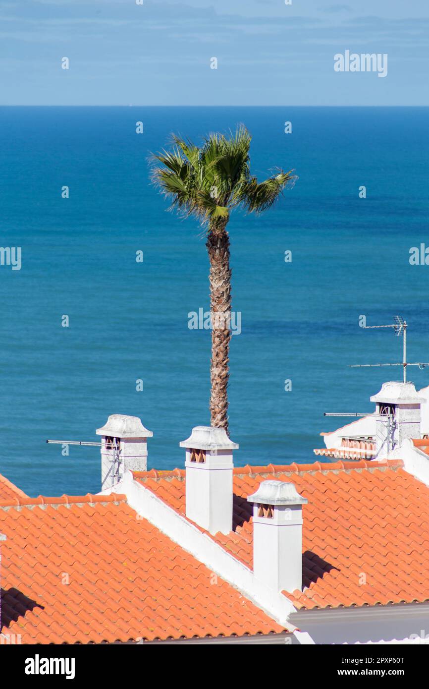 Atlantic Ocean and white-walled houses, seen from above. Casal do Carido, Ericeira. Portugal Stock Photo