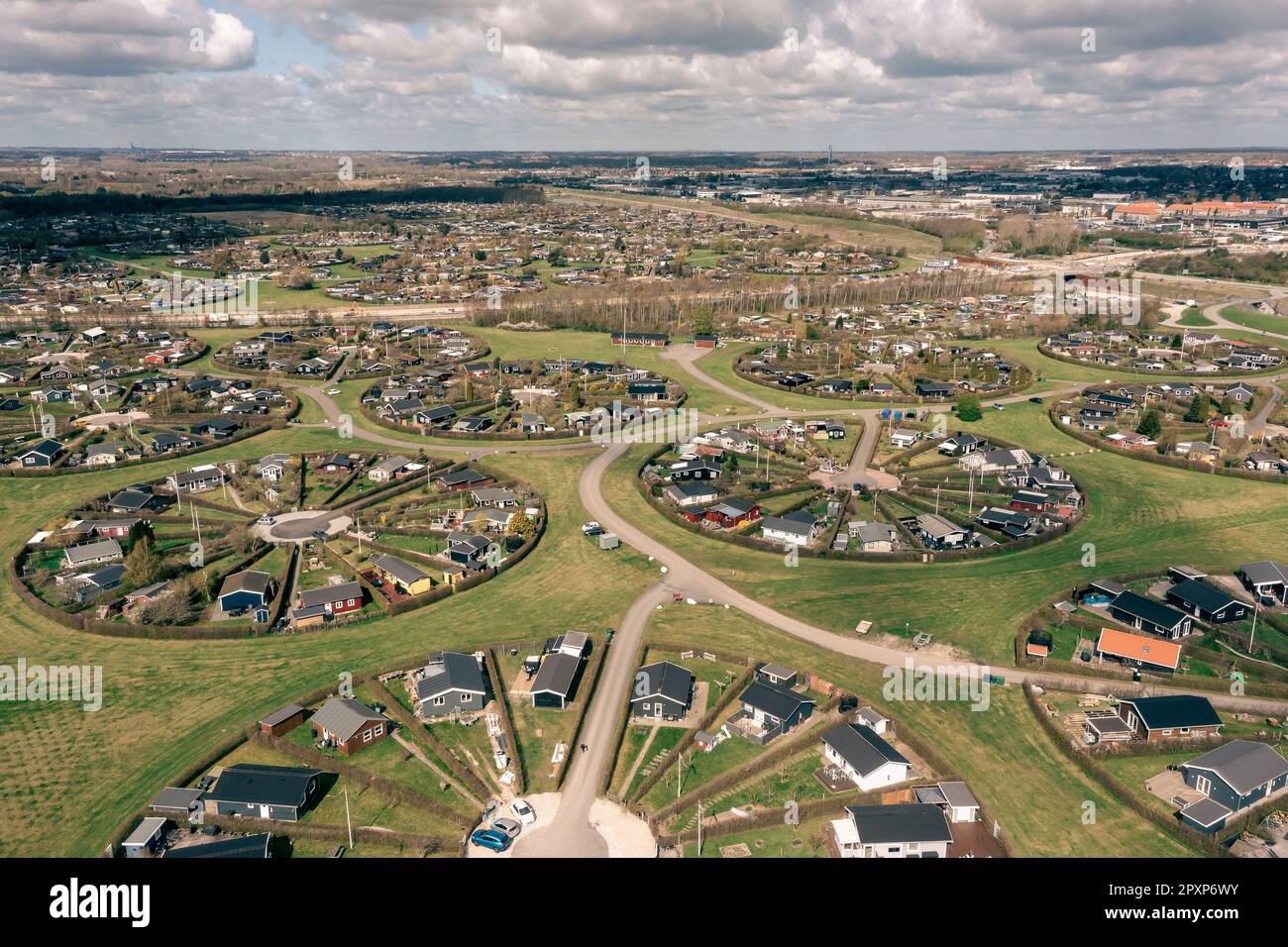 The circular allotment garden complex Brøndby Haveby. It was designed by the Danish landscape architect Erik Mygind. Stock Photo