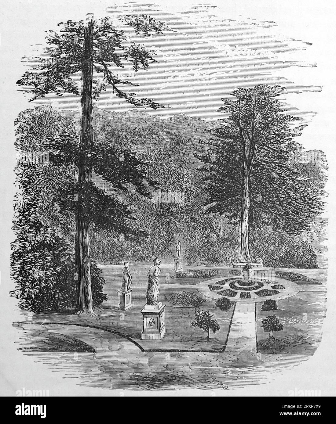 Belvoir Castle, The Statue Garden. Trees and statues in the landscaped