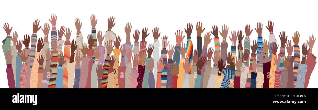 Many black skin African American men women group with hands raised ...