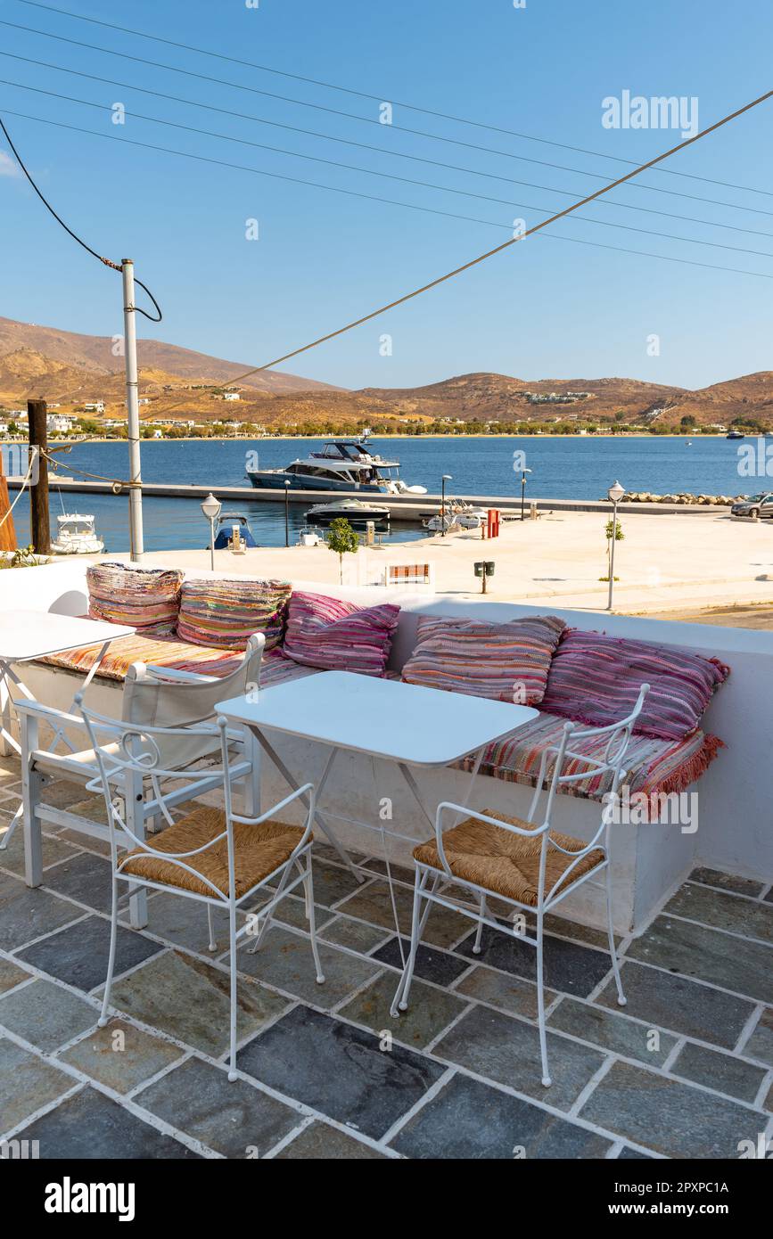 Typical seaside restaurant with beautiful sea view in Livadi village on Serifos Island. Greece Stock Photo
