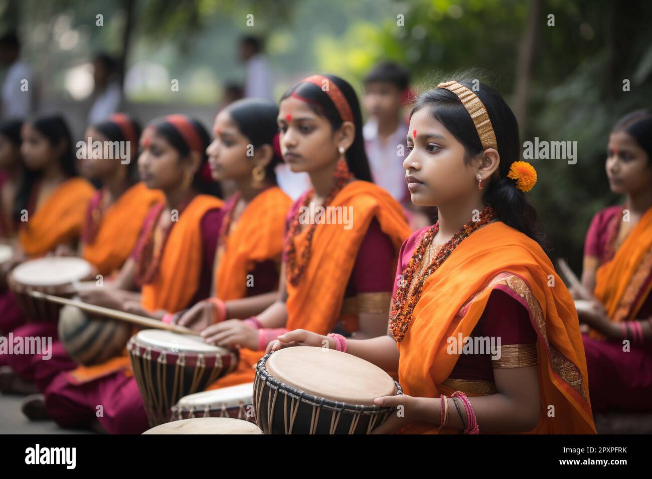 A group of girls playing drums in a temple Stock Photo Alamy