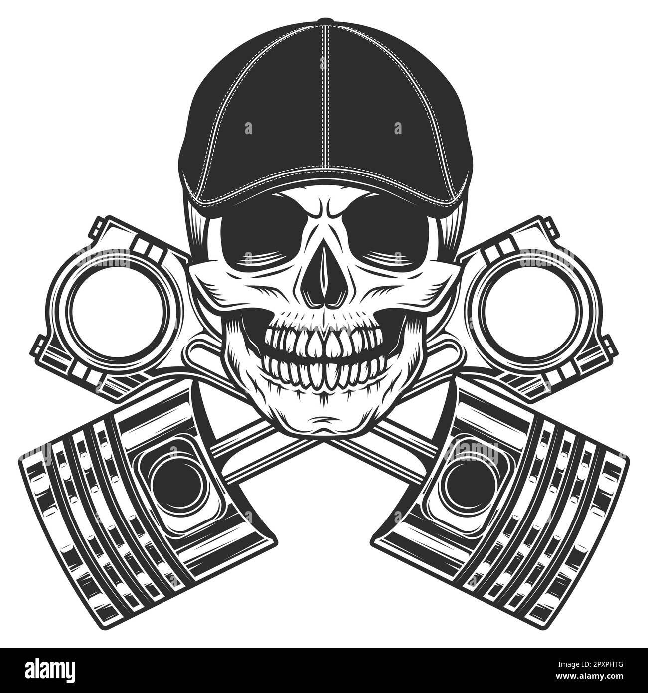 Motorcyclist biker skull in gatsby flat cap and crossed engine pistons