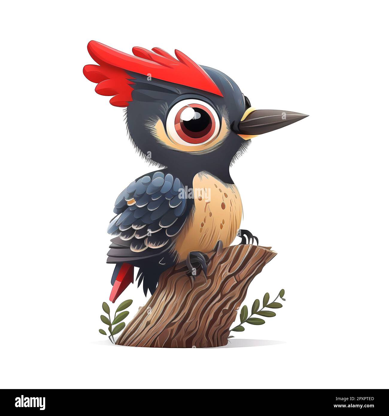 A cartoon of a woodpecker with a red crest on its head on a white