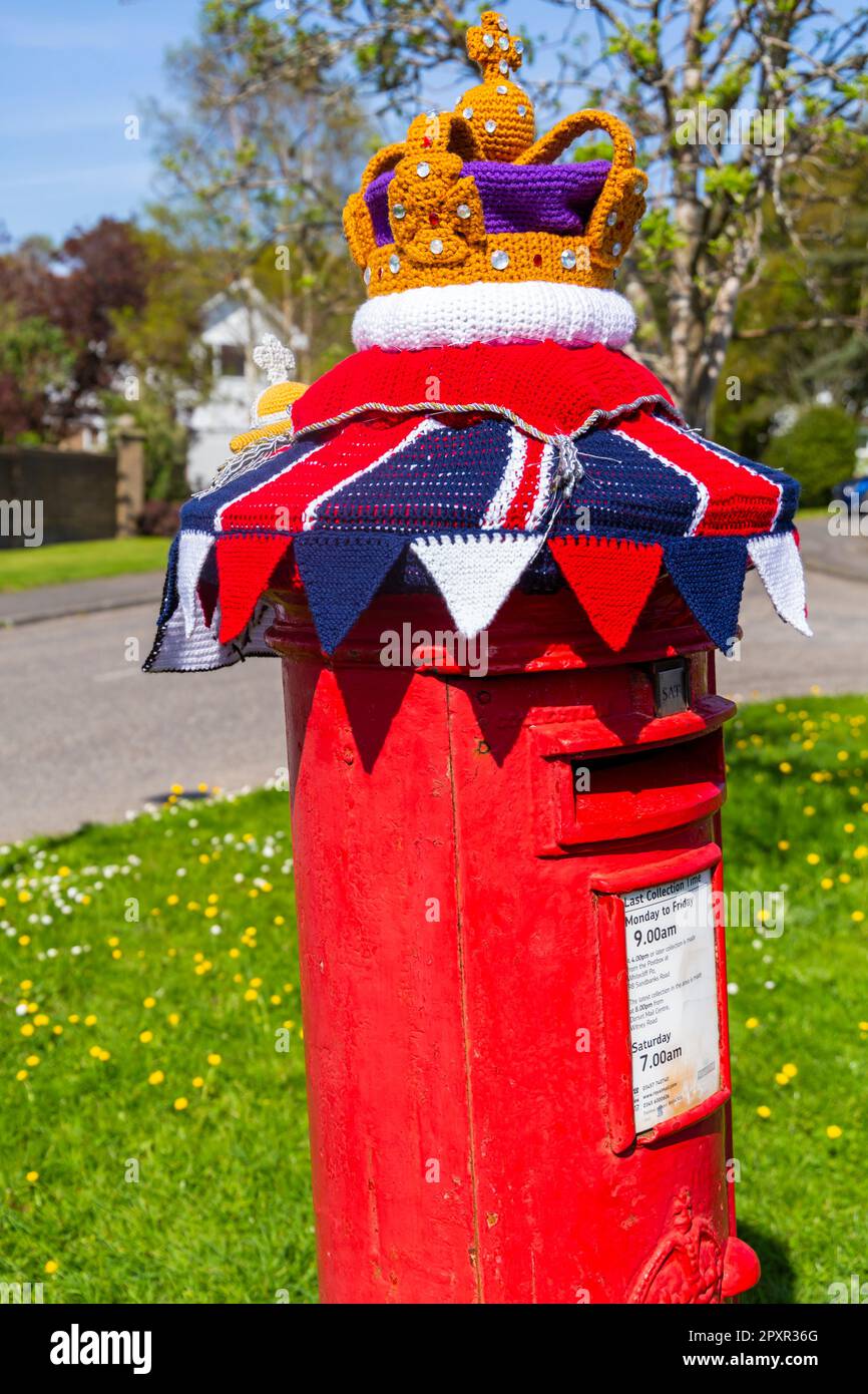 Poole, Dorset, UK. 2nd May 2023. A knitted crocheted postbox topper for