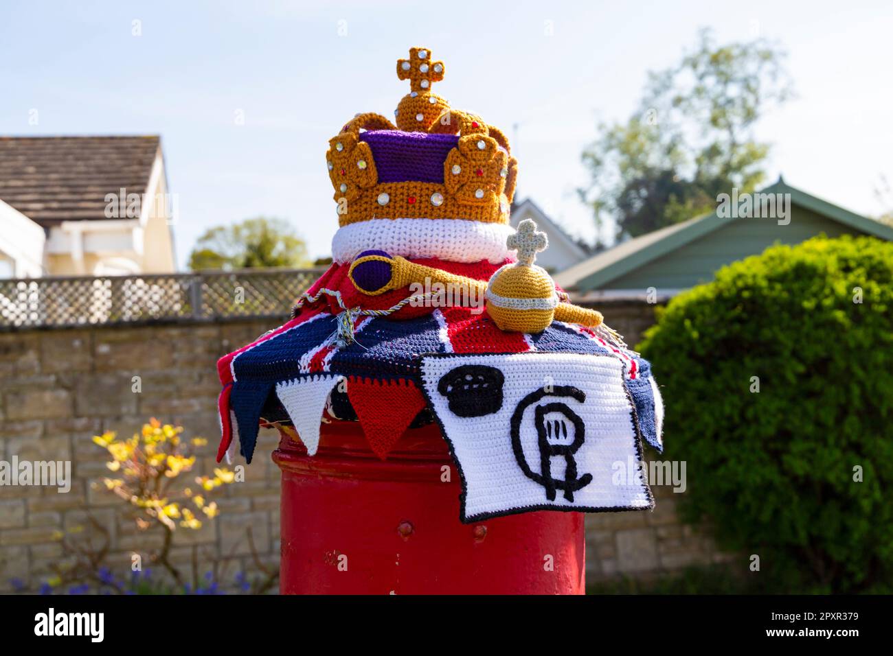 Poole, Dorset, UK. 2nd May 2023. A knitted crocheted postbox topper for
