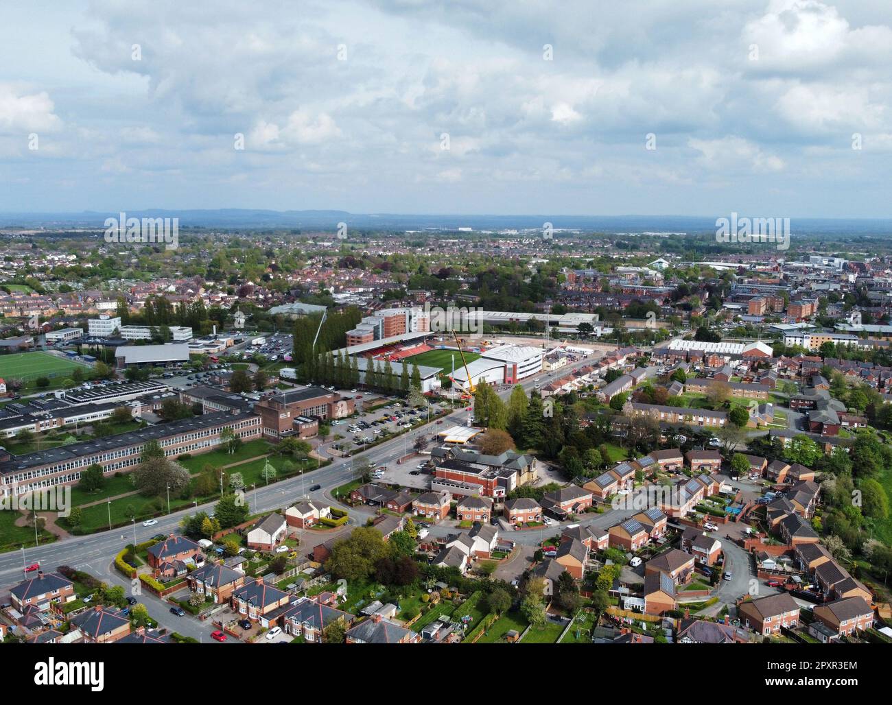 A general aerial view of the Racecourse Ground, home of Wrexham, ahead