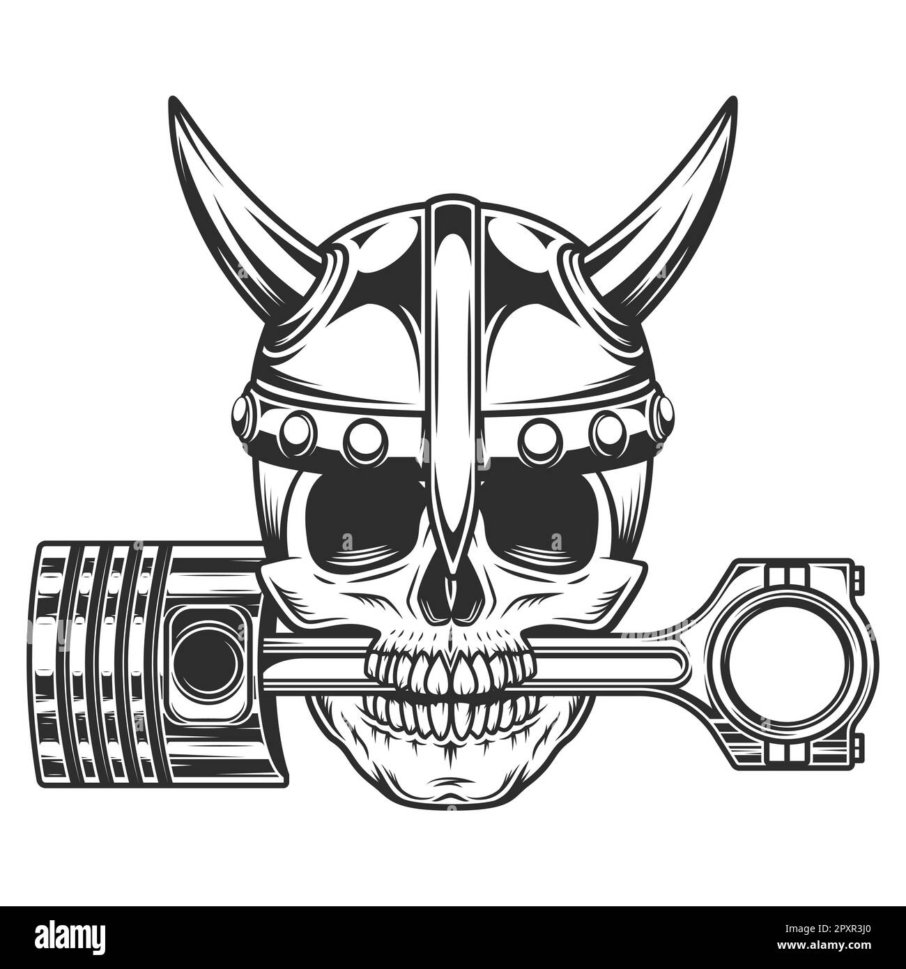 Viking skull biker in horned viking helmet and crossed engine pistons ...