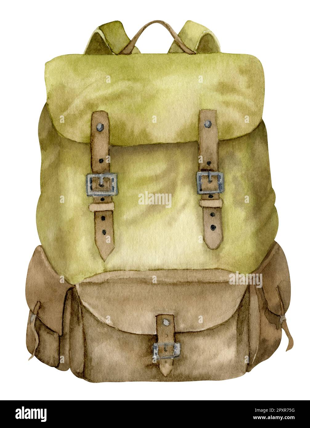 Watercolor Vintage Backpack. Hand drawn watercolor illustration of travel bag for adventure or camping on isolated white background. Drawing of luggage for tourism trip or hiking. Retro back pack Stoc...