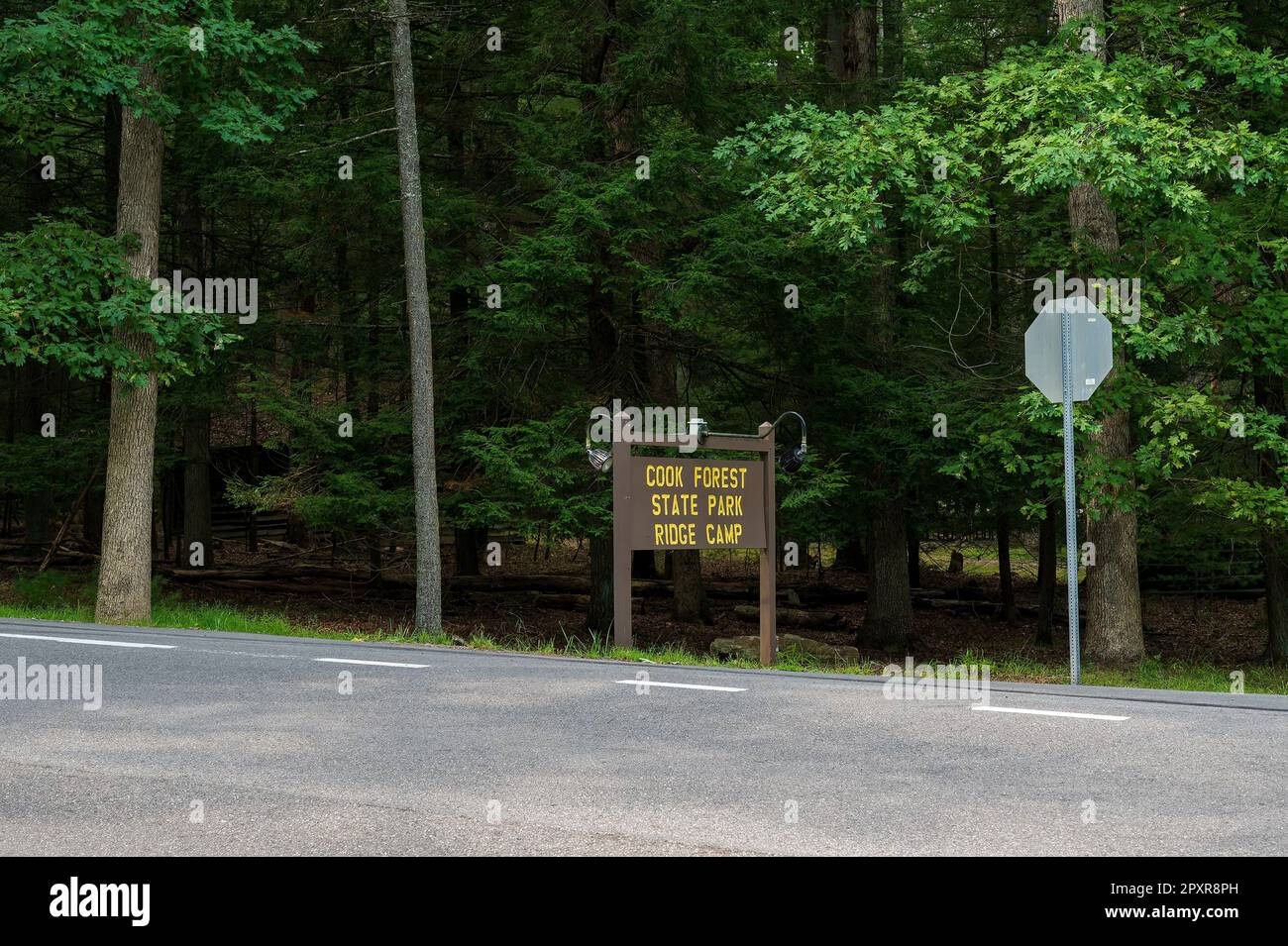 Cooksburg PA - September 16, 2022: Sign for the entrance to Cook Forest State Park Ridge Camp Stock Photo