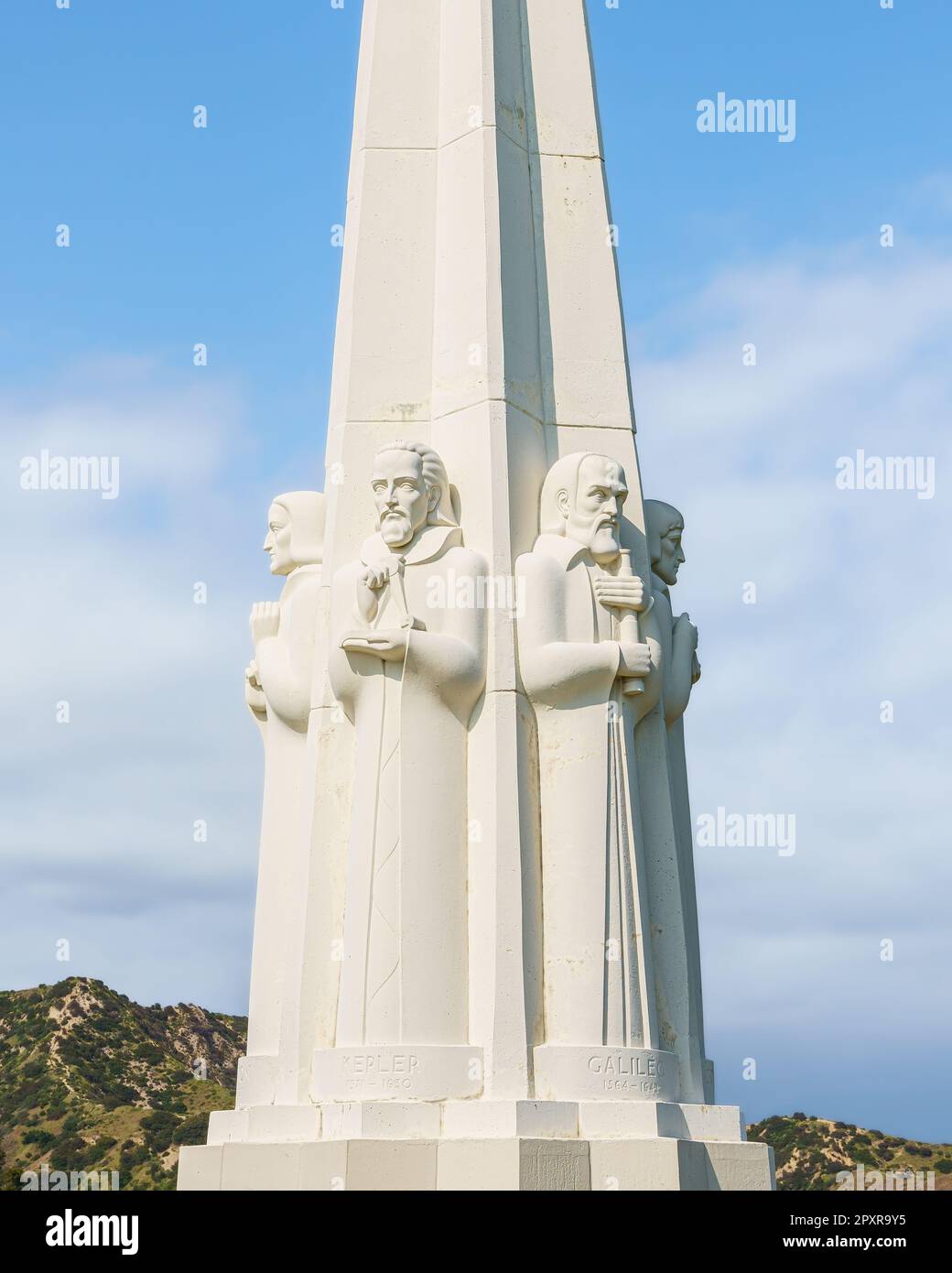 Astronomers Monument at Griffith Observatory in Los Angeles, California, USA. Six of the greatest astronomers. Kepler and Galileo Galilei in front. Stock Photo