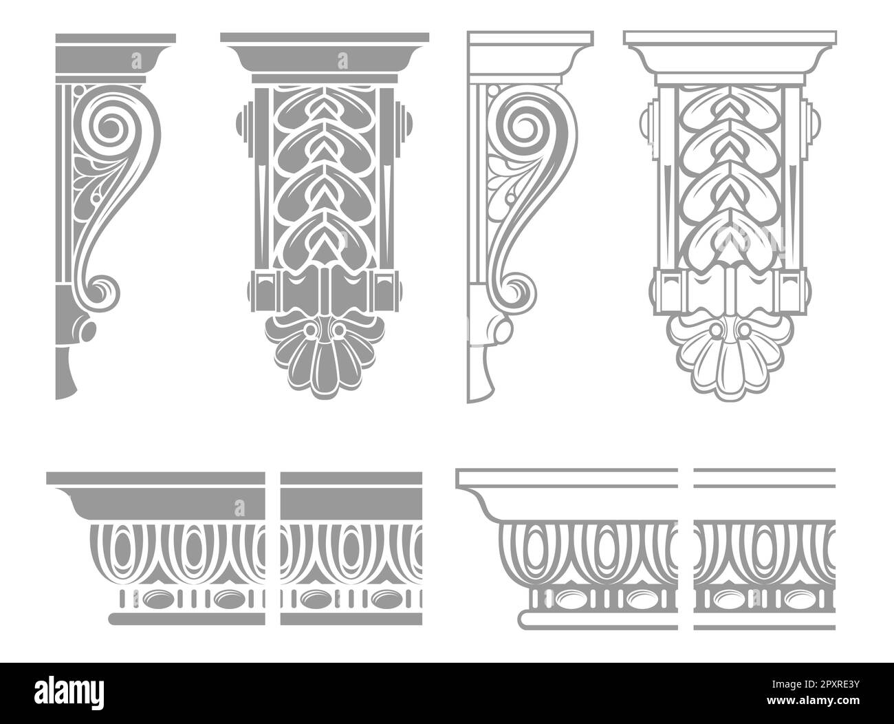 Set of vector brackets in engraving style. Architecture coloring page