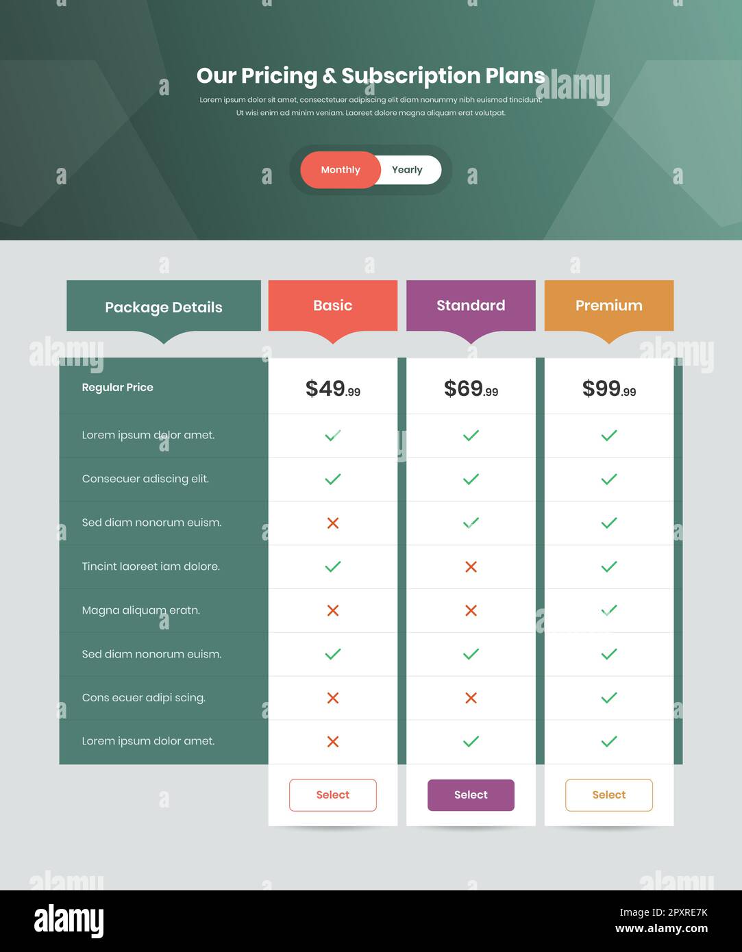 Business subscription pricing comparison table ui design Stock Vector ...